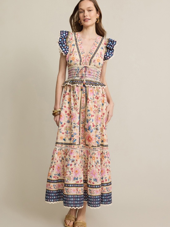 FARM Rio Dresses & Skirts - FARM Rio Peach Floral Maxi Dress with Navy Trim
